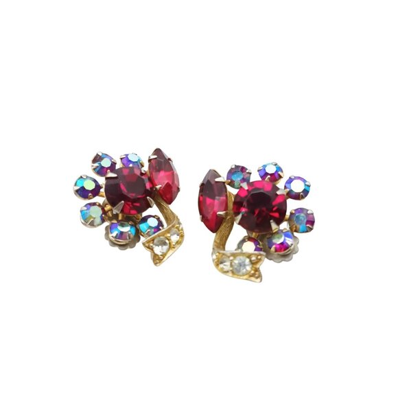 Vintage Bold Glitz Clip-On Earrings, Gold Tone with Red & AB Rhinestones - Picture 2 of 4